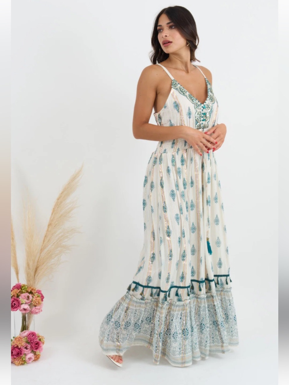 Me 2 Magic Anthropologie Maxi Dress Blue Paisley Embroidered Lurex Boho large